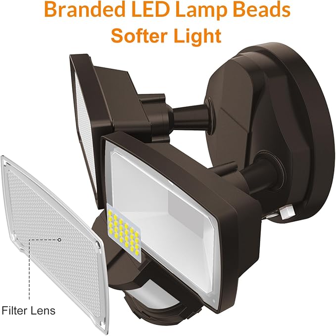 LEPOWER LED Solar Security Lights 1000LM Solar Powered Flood Lights Outdoor | 2 Head Solar Powered Flood Lights, 5500K, Easy Installation, IP65 Waterproof for Garage, Yard, Porch, Garden, Driveways-Brown