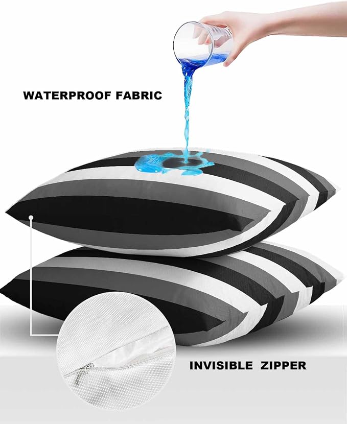 Pack of 2 Modern Stripes Outdoor Pillow Waterproof Covers 26x26 inch, Black Gray White Polyester Throw Pillow Covers Garden Cushion Decorative Case for Patio Couch Decoration