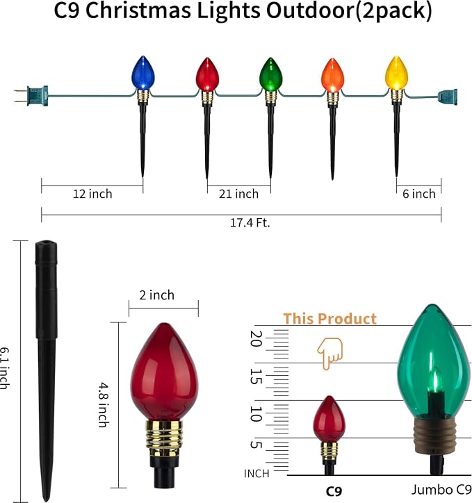 4 Pack C9 Christmas Pathway Lights Outdoor, Total 69.6Ft 40 LED Stake Light | Connectable C9 Pathway Lights, Waterproof Christmas Lights Outdoor for Walkway Yard Lawn Ground Sidewalk Driveway Decorations