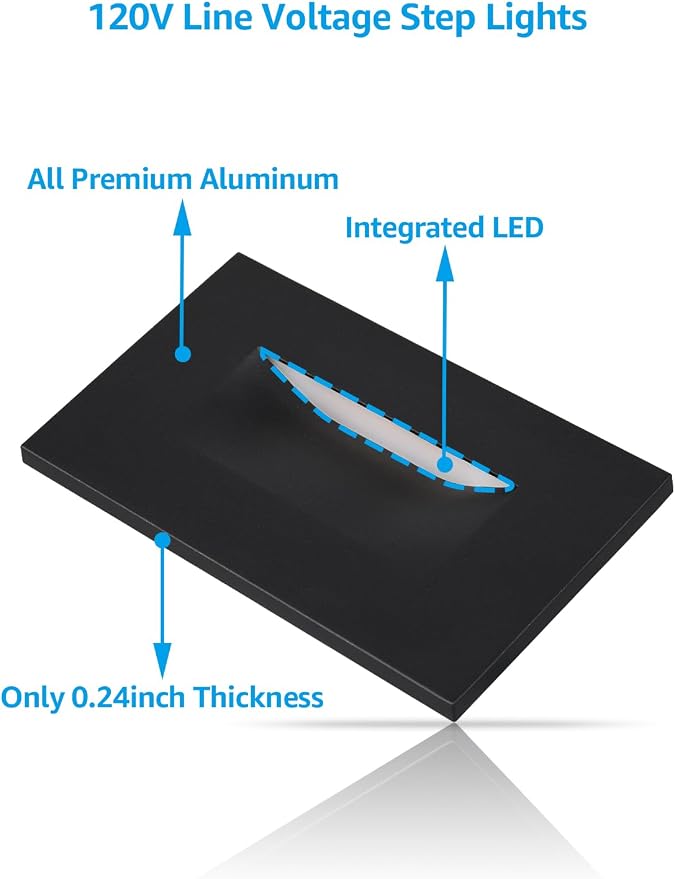 LEONLITE 6-Pack 5CCT 120V LED Step Lights, Horizontal, Black | 150LM, 5%-100% Dimmable, CRI90, ETL, Indoor Outdoor Stair Lights, Wet Location, 2700K/3000K/3500K/4000K/5000K, Aluminum