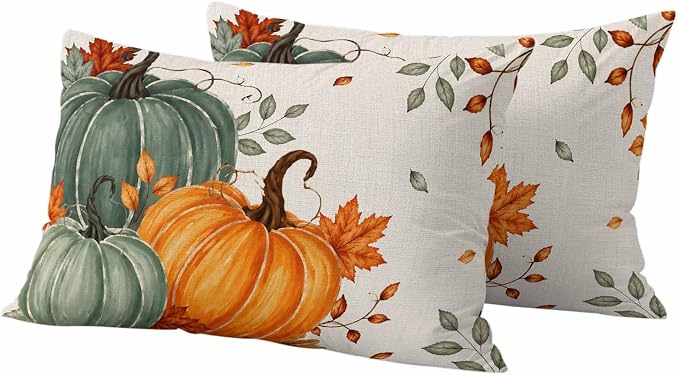 Green Orange Fall Waterproof Outdoor Pillow Covers 20''x12'' Set of 2, Maple Leaves Thanksgiving Patio Furniture Cushion Covers for Chairs,Decorative Farmhouse Beige Pillow Cases for Garden/Pool/Beach