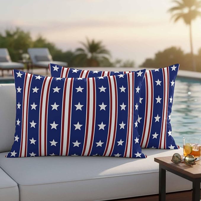 Blue Red Outdoor Pillow Covers 20"x12" Set of 2, Waterproof Throw Pillow Covers for Patio Furniture, Stripes Patirotic Star Independence Day Decorative Cushion Covers for Porch