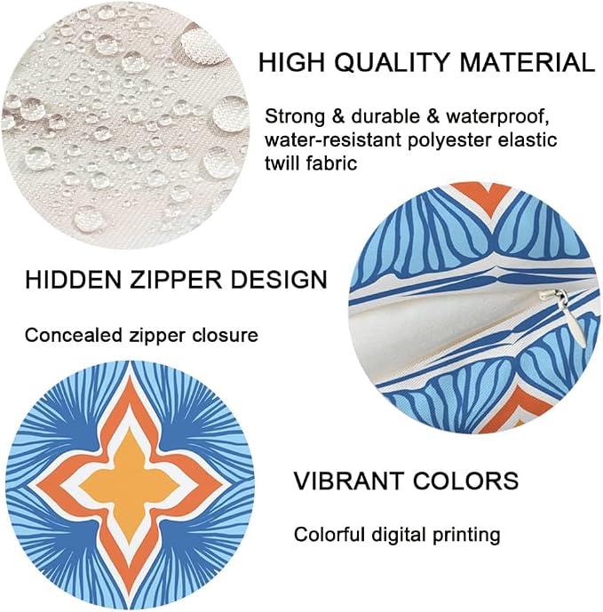 Outdoor Waterproof Throw Pillow Covers 18x18 inch Floral and Boho Style Decorative Pillow Covers Modern Geometric Pillowcase for Patio Funiture Garden Set of 4, Blue and Orange
