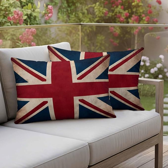 4th of July Outdoor Throw Pillows Covers 20x12 inch Set of 2 Waterproof British Flag Decorative Zippered Cushion Covers for Patio Furniture, Vintage National Flag Independence Day Lumbar Pillowcases