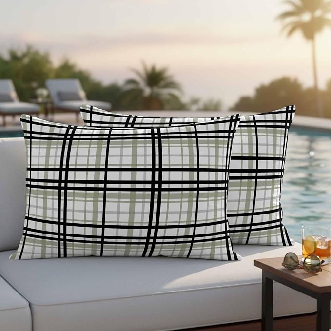 Abstract Stripes Outdoor Pillow Covers Set of 2 Sage Green Black Grey Plaid Waterproof Throw Pillow Cover Decorative Cushion Cases for Patio Porch Garden 20X12 Inch