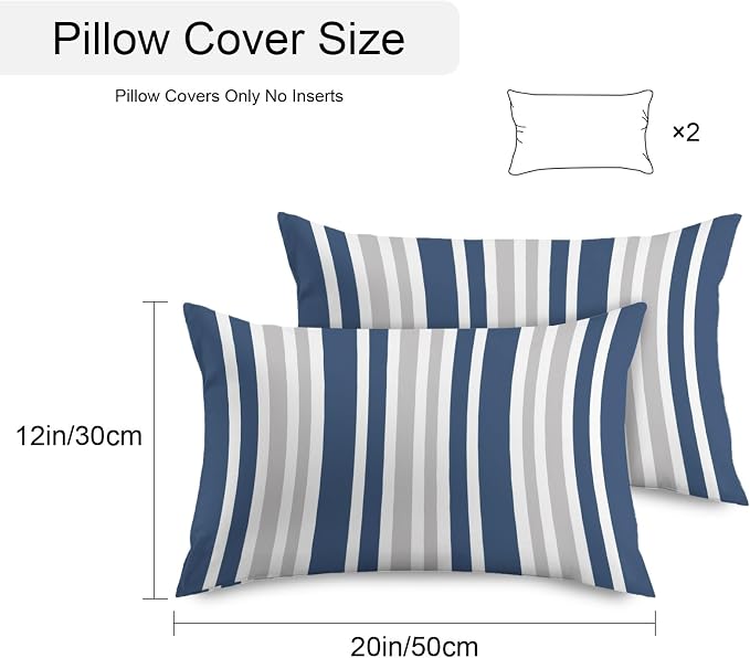 Navy Blue Grey Stripe Outdoor Pillow Covers 20x12 Inch Lumbar Pillow Covers Set of 2 Waterproof Decorative Throw Pillow Cases Farmhouse Minimalist Striped Cushion Covers for Patio Furniture Garden