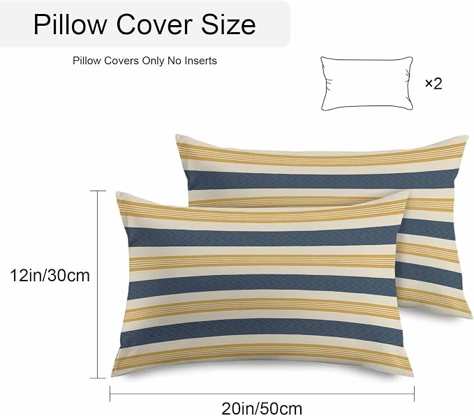Vandarllin Outdoor Throw Pillows Covers 20x12 inch Set of 2 Waterproof Navy Blue Stripes Lines Decorative Zippered Cushion Covers for Patio Furniture, Yellow Classic Striped Lumbar Pillowcases
