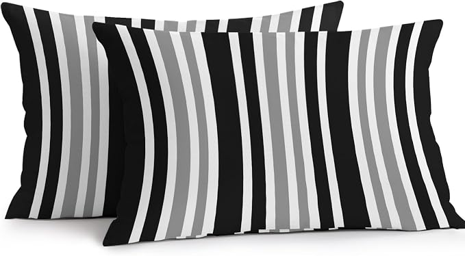 Black Grey Stripe Outdoor Pillow Covers 20x12 Inch Lumbar Pillow Covers Set of 2 Waterproof Decorative Throw Pillow Cases Farmhouse Minimalist Striped Cushion Covers for Patio Furniture Garden Couch