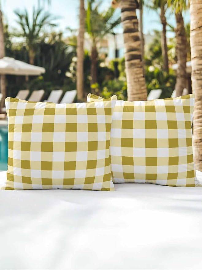 Waterproof Outdoor Pillow Set of 2 Buffalo Plaid Decorative Throw Pillows Cover & Insert 18x18 Inch Pillowcase Yellow Check Lines Square Pillows for Couch Sofa Bed Patio Furniture Indoor Outdoor