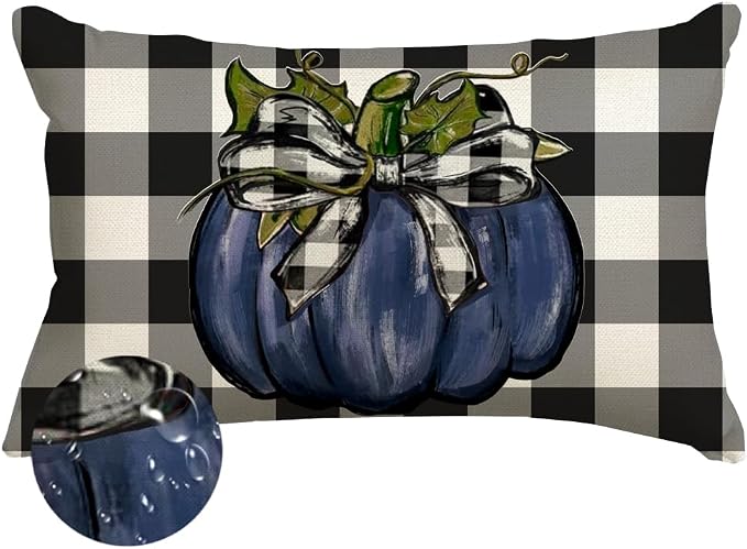 RABUSOFA Outdoor Fall Pillow Covers Waterproof 12x20 Blue Pumpkin Decor | Autumn Harvest Thanksgiving,Buffalo Plaid,Not Insert,Machine Washable,Fall Decorations for Home Sofa Patio Farmhouse