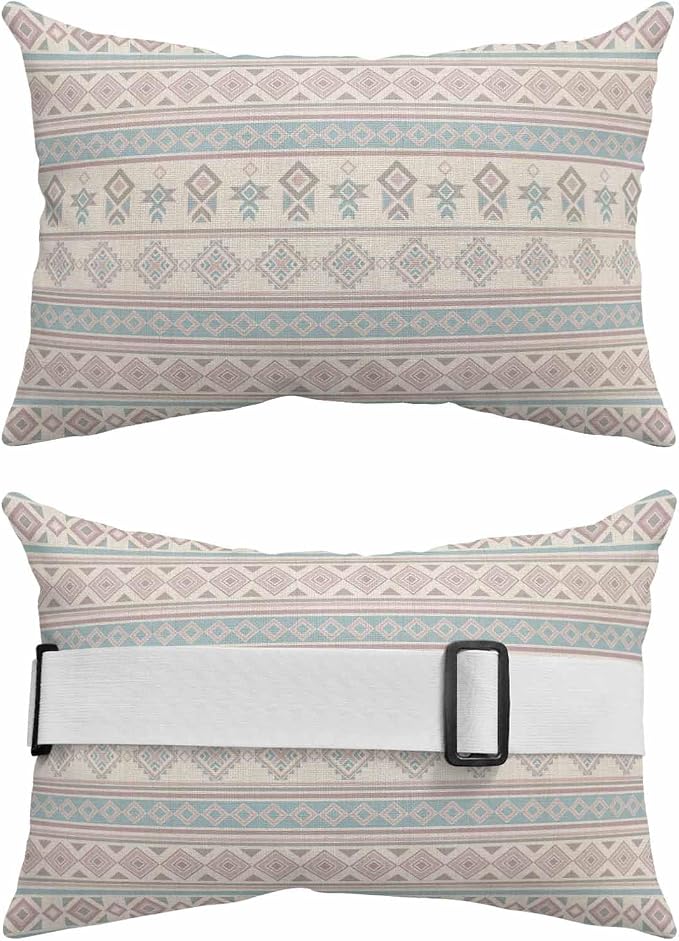 Outdoor Lumbar Pillow Set of 1, Blue Grey Boho Striped Waterproof Beach Headrest Pillow with Inserts, Southwestern Ethnic Tribe Vintage Recliner Throw Pillows for Patio Furniture, 12 x 20