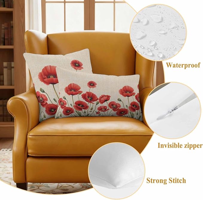 Flowers Outdoor Waterproof Throw Pillow Covers 18"x18" Set of 2, Red Opium Poppy Flowers Vintage Linen Decorative Garden Pillowcase with Zipper Cushion Case for Patio Couch Tent