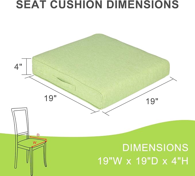 Aoodor Patio Chair Cushions Set of 2, 19 x 19 x 4 Inch Water Resistant Outdoor Seat Cushions with Handle and Ties, Square Corner Cushions for Patio Furniture Garden Lawn, Green