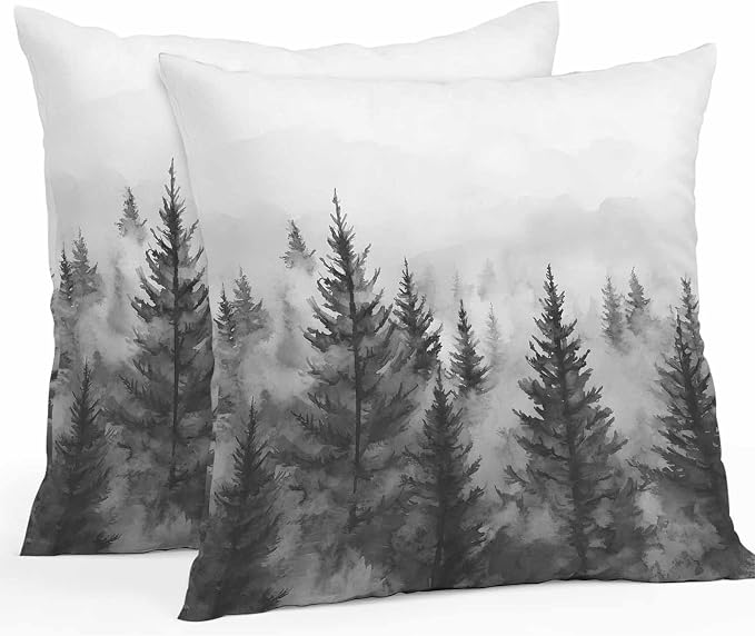 Retro Mist Forest Waterproof Outdoor Pillow Covers Set of 2 Home Decor, Watercolor Mountains Nature Landscape Pillowcase Patio Pillow Covers for Couch Bench Furniture Garden 26x26in