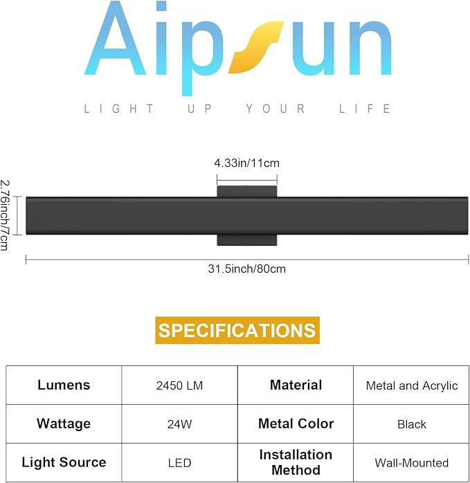 Aipsun 2 Packs Outdoor Wall Sconce, 3000K 4000K 6000K, 31.5in Modern Black Exterior Light, Long LED Linear Wall Light Outside Lighting for Entrance, Hallway, Garage, Porch(3CCT)
