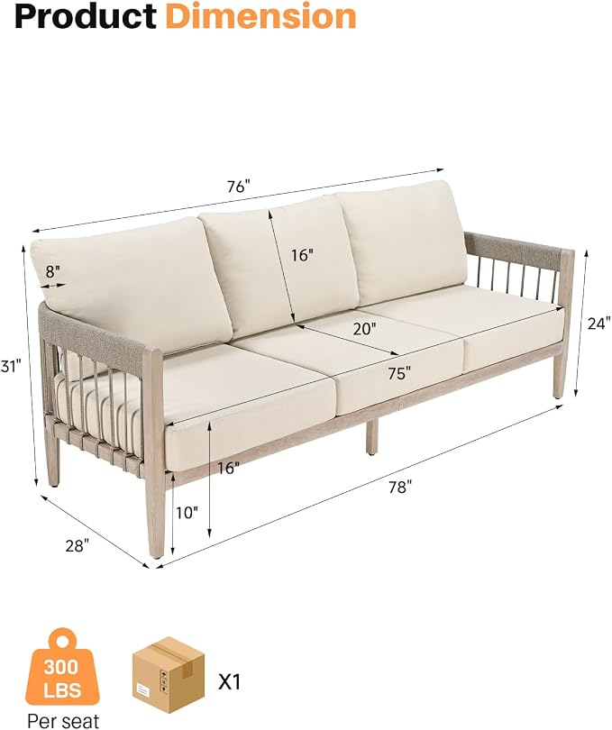 3-Seater Outdoor Aluminum Sofa, Never-Rust Patio Sofa Couch with Faux Wood Grain Finish Frame, Rope Weave Outdoor Sofa with Extra Thick Cushions, Outdoor Patio Couch for Deck, Porch, Garden