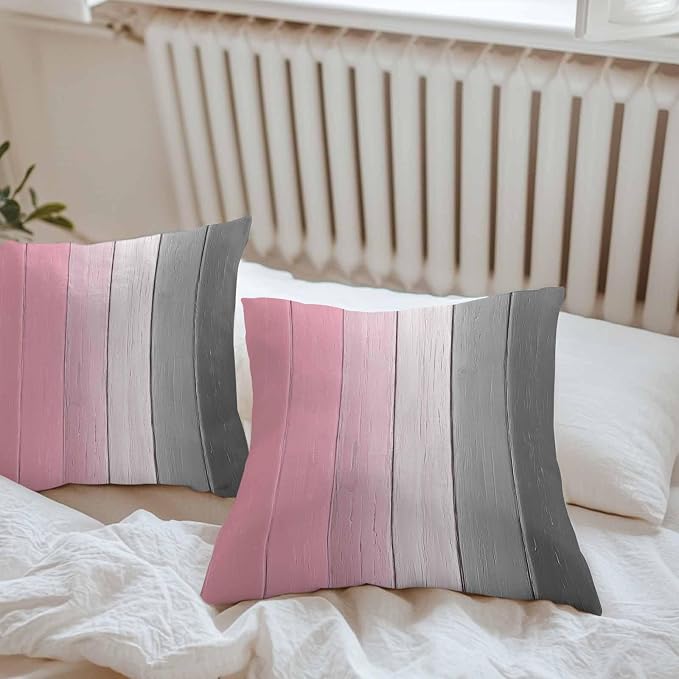 Throw Pillow Covers 24x24 Inch Set of 2, Pink Gray Ombre Waterproof Outdoor Cushion Covers, Vintage Country Wooden Decorative Pillowcases for Couch, Sofa, Bed, Garden, Patio