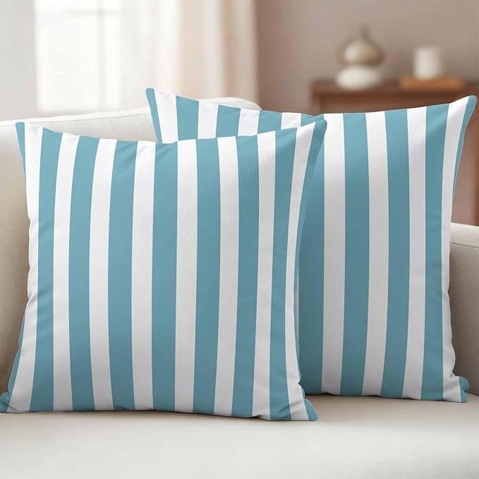 Aqua Striped Outdoor Waterproof Throw Pillow Covers 16x16 Set of 2, Modern Farmhouse Blue White Stripes Decorative Pillowcases Cushion Pillowcase for Couch Sofa Patio Outside Pillow Protector