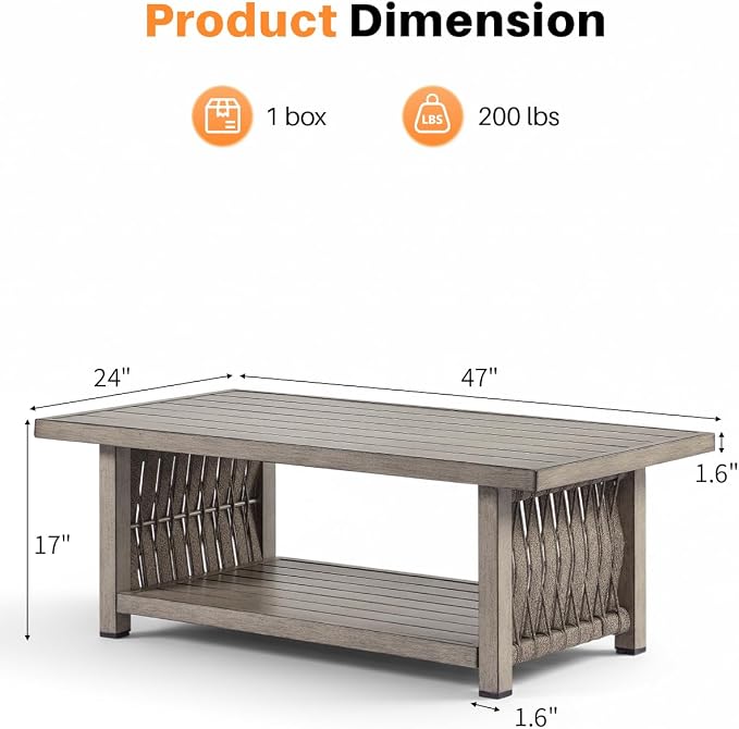 Outdoor Coffee Table, Never Rusts Aluminum Rope Weave Patio Coffee Table, Weatherproof 2-Tier Rectangle Outdoor Patio Table with Adjustable Feet for Garden, Pool, Outside, Decks, Gray Oak