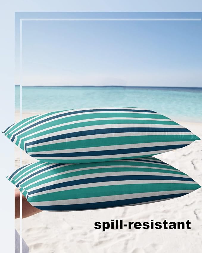 Outdoor Waterproof Lumbar Throw Pillow Covers Set of 2 Navy Blue Turquoise Stripes Decorative Outdoor Pillows Cushion Case 20x12 Inch Teal Striped Patio Pillows for Couch Sofa Bed Garden Home Decor