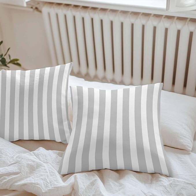 Grey Striped Outdoor Waterproof Throw Pillow Covers 20x20 Set of 2, Modern Farmhouse Gray White Stripes Decorative Pillowcases Cushion Pillowcase for Couch Sofa Patio Outside Pillow Protector