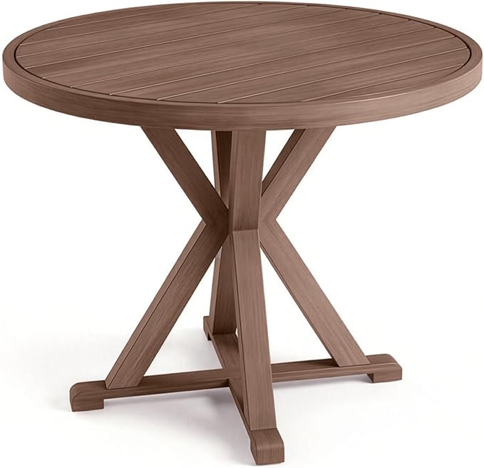 Martha Stewart Bedford 36" Round Indoor-Outdoor Aluminum Patio Dining Table with Trestle Base, Accommodates up to 4 Adults, Brushed Brown Woodgrain Finish