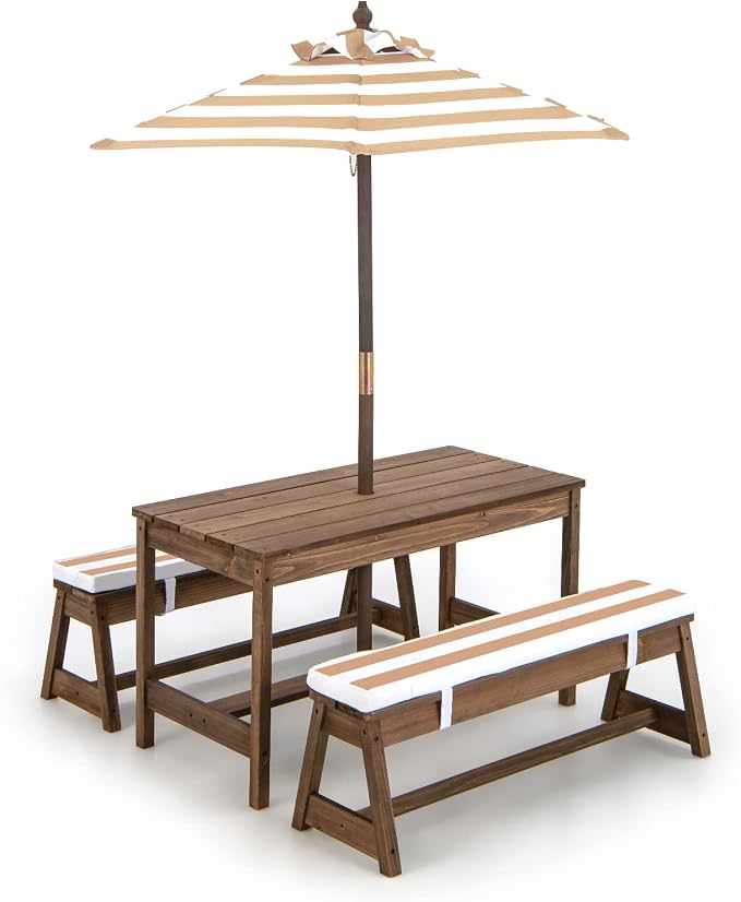 KOTEK Kids Picnic Table with Umbrella Foldable, Backyard Wooden Table & Bench Set w/Removable Cushions, Activity Art Play Table, Indoor Outdoor Toddler Picnic Table for Patio, Lawn & Garden (Brown)