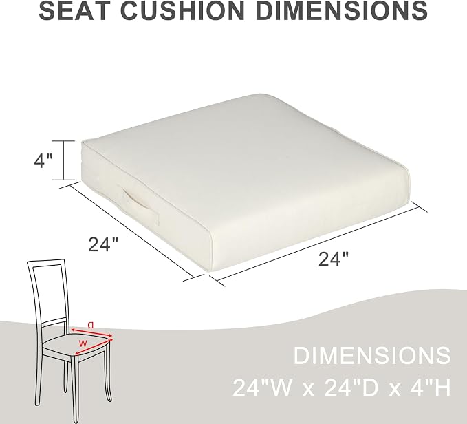 Aoodor Patio Chair Cushions Set of 2, 24 x 24 x 4 Inch Water Resistant Outdoor Seat Cushions with Handle and Ties, Square Corner Cushions for Patio Furniture Garden Lawn, Ivory