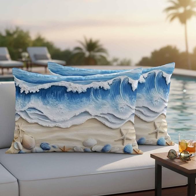 Summer Beach Outdoor Waterproof Throw Pillow Covers Set of 2, 20"x12", Seashell Starfish Nautical Coastal Decorative Pillow Covers Outside Cushion Case for Patio Porch Garden