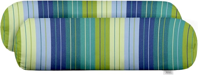 RSH Décor Jumbo Sunbrella Neck Roll Pillows – Set of 2 | 24” x 8” | Outdoor Bolster for Patio, Deck, Porch, or Poolside Furniture | Water & Fade-Resistant | Seville Seaside | Blue & Green Stripe
