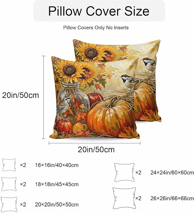 Fall Pumpkins Outdoor Pillow Covers 18x18 Inch Throw Pillow Covers Set of 2 Waterproof Decorative Pillow Cases Sunflowers Birds Thanksgiving Oil Painting Cushion Covers for Patio Furniture Garden