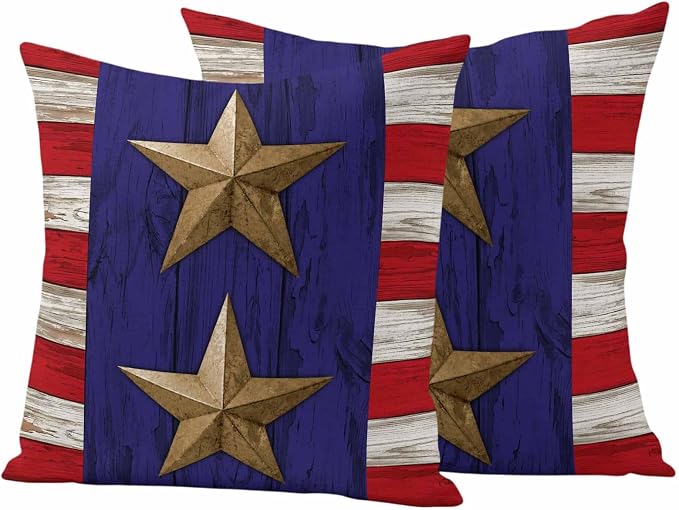 4th of July Outdoor Throw Pillows Covers 24x24 inch Set of 2 Waterproof Patriotic Stars Stripes Decorative Zippered Cushion Covers for Patio Furniture, Red White Blue Wood Grain Lumbar Pillowcases