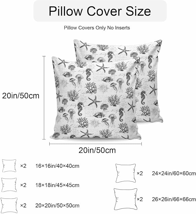 Gray Coastal Waterproof Outdoor Pillow Covers Set of 2 Home Decor, Retro Nautical Starfish Coral Jellyfish Pillowcase Patio Pillow Covers for Couch Bench Furniture Garden 18x18in