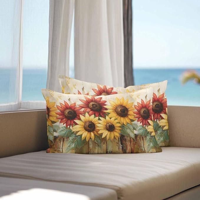 Retro Farmhouse Red Yellow Sunflower Outdoor Pillow Covers 20x12in Pack of 2 Waterproof Pillowcase Vintage Rustic Wood Floral Decorative Throw Cushion Case for Patio Couch Sofa