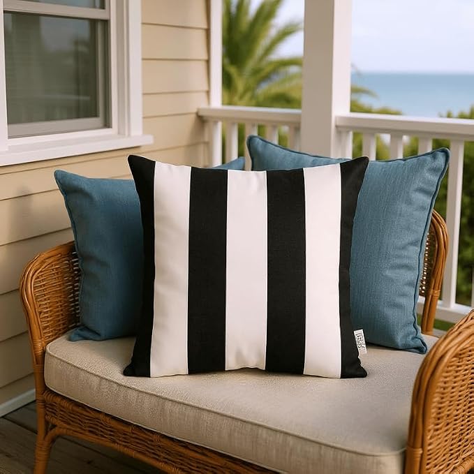 Set of 4 - Indoor/Outdoor Square Decorative Throw/Toss Pillows - Black and White Stripe Fabric & Black and White Aztec Geometric Fabric - Choose Size (17" x 17")