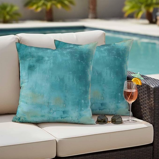 Teal Outdoor Waterproof Pillow Covers, Vintage Oil Painting Decorative Square Throw Pillowcase, Modern Abstract Art Sofa Cushion Sham for Patio/Couch/Chair, 20"x20" 2 Pack