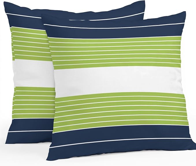 Navy Blue Green Stripe Outdoor Pillow Covers Waterproof, All Weather Cushion Case Set of 2, Modern Art Horizontal Striped Decorative Pillowcases for Sofa Couch Bed Decor Patio Furniture 18"x18"