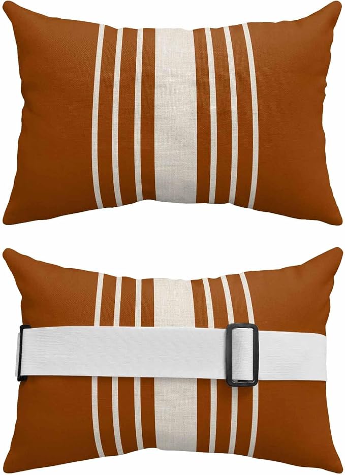Pack of 2 Outdoor Lumbar Pillow Covers 12x20 Inch, Burnt Orange Beige Striped Waterproof Throw Pillow Covers Set, Modern Farmhouse Retro Lines Indoor&Outdoor Cushion Cases for Patio Porch Beach