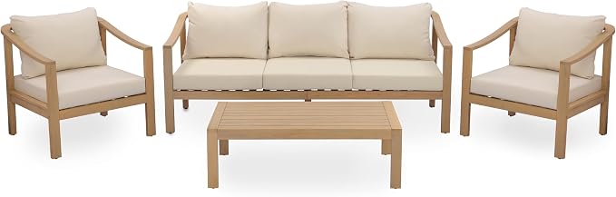Merax 4 Piece All-Weather Acacia Wood Outdoor Furniture Set, 5-Seater | Patio 3-Seater Sofa, 2 Club Chairs with Coushions, 1 Coffee Table, Conversation Set for Backyard, Deck, Poolside, Teak+ Beige
