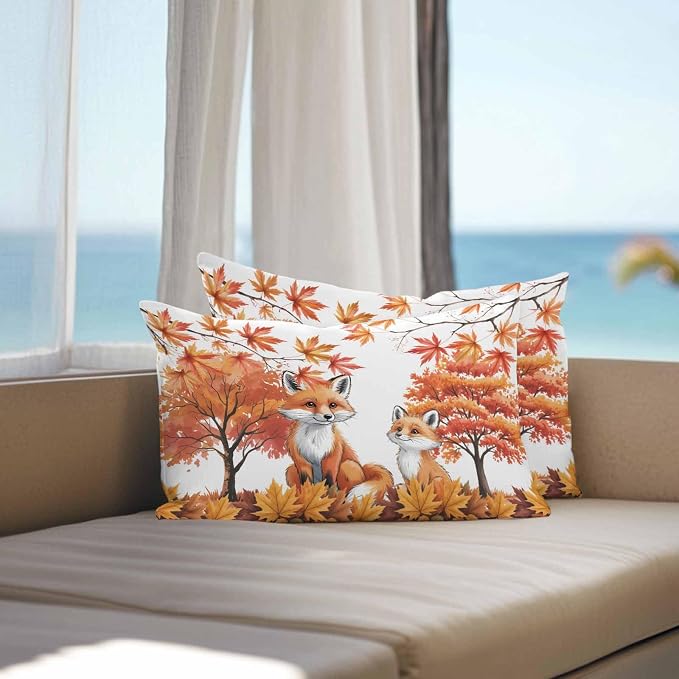 Orange Fox Outdoor Waterproof Pillow Covers, Thanksgiving Maple Leaves Autumn Trees Decorative Rectangle Throw Pillowcase Sofa Cushion Sham for Patio/Couch/Chair, 20"x12" 2 Pack