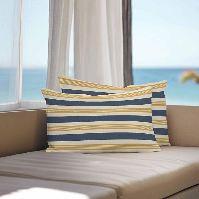 Vandarllin Outdoor Throw Pillows Covers 20x12 inch Set of 2 Waterproof Navy Blue Stripes Lines Decorative Zippered Cushion Covers for Patio Furniture, Yellow Classic Striped Lumbar Pillowcases
