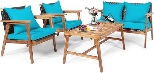 HAPPYGRILL 4-Piece Outdoor Rattan Sofa Set Acacia Wood Frame Conversation Set with Coffee Table, Sectional Furniture Set with Cushions for Backyard Porch Garden Poolside Balcony