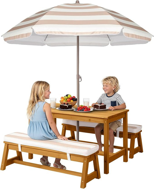 JOYMOR Kids Picnic Table Outdoor Wooden Table & Bench with Adjustable Umbrella, Picnic Table Set w/Removable Cushions for Backyard, Patio, Garden, Indoor(Natural)