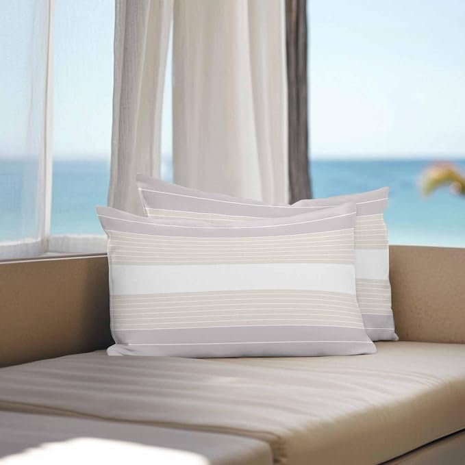 Gray Beige Stripe Outdoor Pillow Covers Waterproof, All Weather Cushion Case Set of 2, Modern Art Horizontal Striped Lumbar Pillowcase for Sofa Couch Bed Decor Patio Furniture 20"x12"