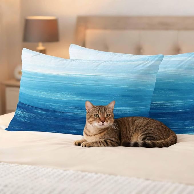 Outdoor Waterproof Throw Pillow Covers, Sky Blue Coastal Decorative Pillow Cases, Nautical Modern Ocean Wave Couch Pillow Protector Patio Sofa Cushion Covers Replacement 20"x12" 2 Pack