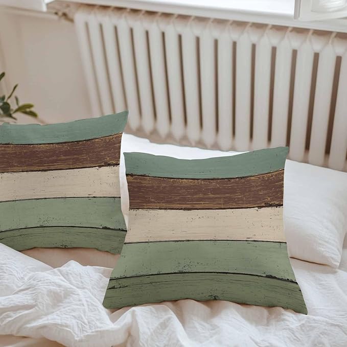 Vandarllin Outdoor Throw Pillow Covers 24X24 Set of 2 Waterproof Sage Green Brown Decorative Zippered Cushion Covers for Patio Furniture, Farmhouse Retro Rustic Barn Wood Texture Lumbar Pillowcases