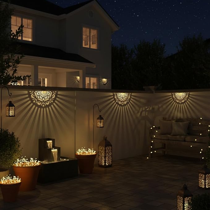 6 Pack Solar Fence Lights Outdoor Wall Lights Gold Plastic Solar Powered Deck Step Stair Lights Mandala Theme Waterproof Fence Solar Light for Garden Post Patio Backyard Yard Decor