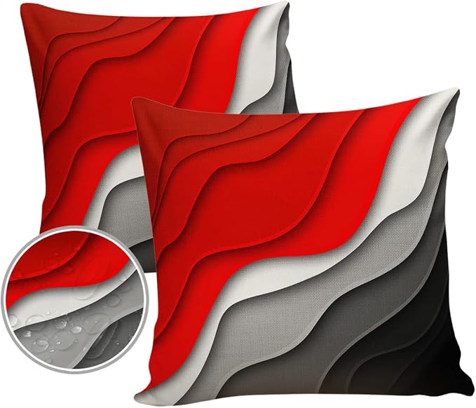 Funy Decor Waterproof Outdoor Throw Pillow Cover Red Modern Geometric Lumbar Pillowcases Set of 2 Grey Abstract Beach Decorative Patio Furniture Pillows for Couch Garden 20x20 inch x 2pcs