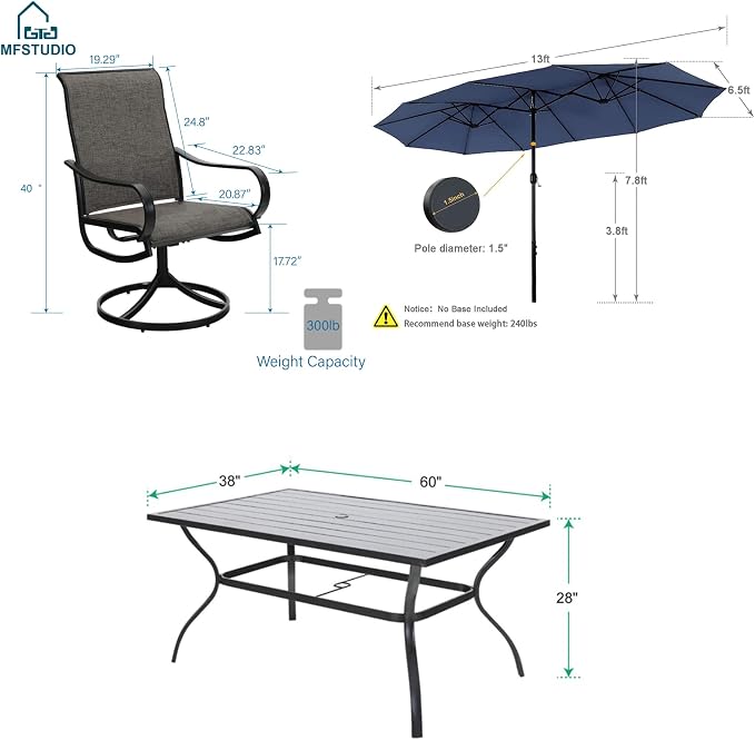 MFSTUDIO Patio Dining Set for 6, Outdoor Furniture Set with Navy Umbrella (Base not Included), Rectangle Metal Table and 6 Swivel Chairs for Patio, Deck, Backyard, Garden