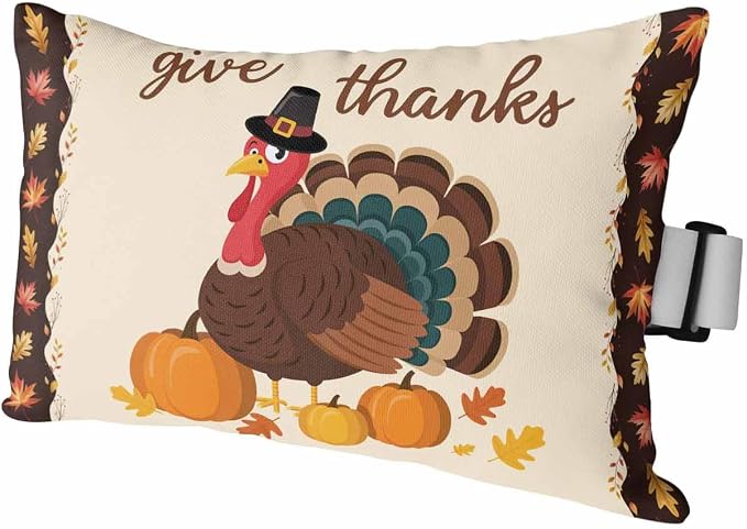 Outdoor Pillows Covers with Inserts Give Thanks Pumpkin Turkey Maple Leaf Border Waterproof Recliner Pillow with Adjustable Strap Throw Pillows for Patio Furniture Pool Lounge Chair, 11x16 inch, 1PCS